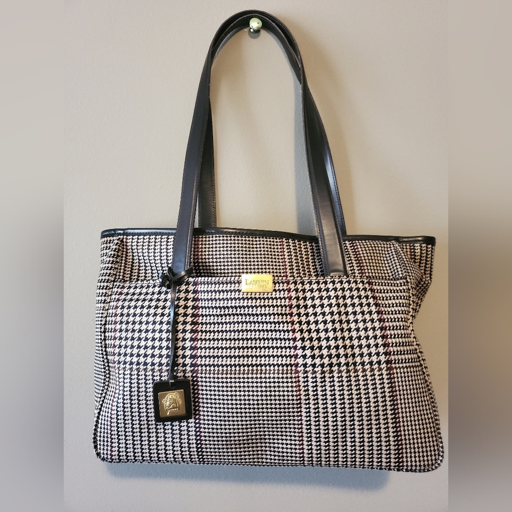 Lauren by Ralph Lauren Purse Mini Tote Bag Houndstooth Print Patchwork RL Purse